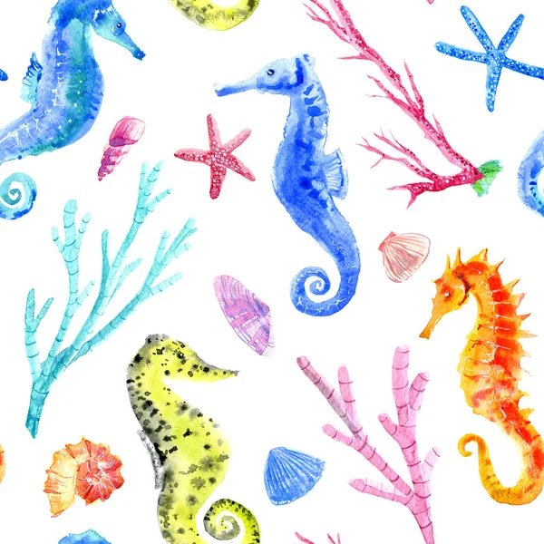 Seahorse, Shell, Starfish en Coral naadloze patroon. — Stockfoto
