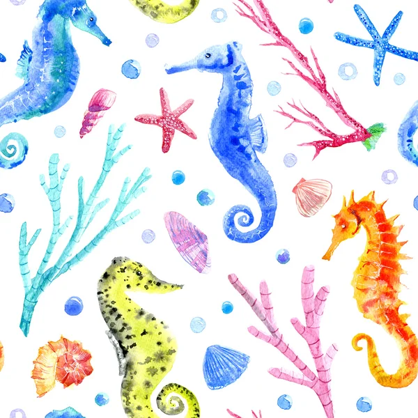 Seahorse, shell, starfish, coral and bubbles seamless pattern. — Stock Photo, Image