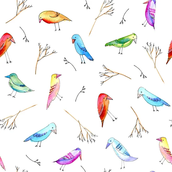 Renkli kuş, yumurta ve dalları ile dikişsiz desen. — Stok fotoğraf