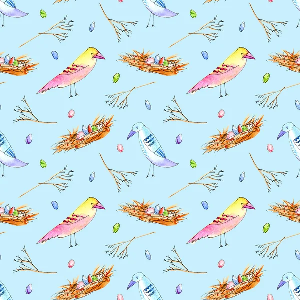 Безшовний візерунок з барвистим птахом, гніздом і гілками . — стокове фото