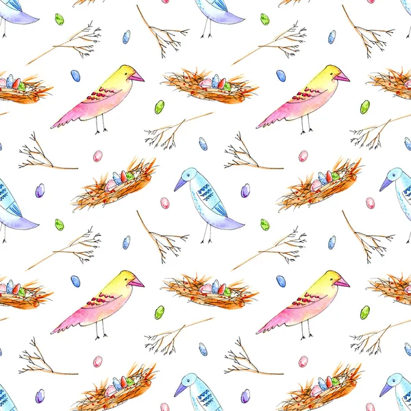 Bezproblemowy wzór z kolorowym ptakiem, gniazdem i gałęziami. — Zdjęcie stockowe