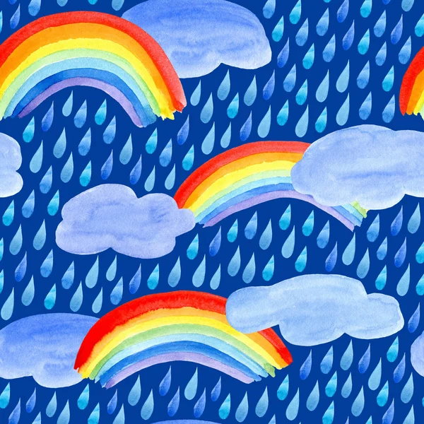 Yağmur damlaları, bulutlar ve rainbow ile Seamless Modeli.