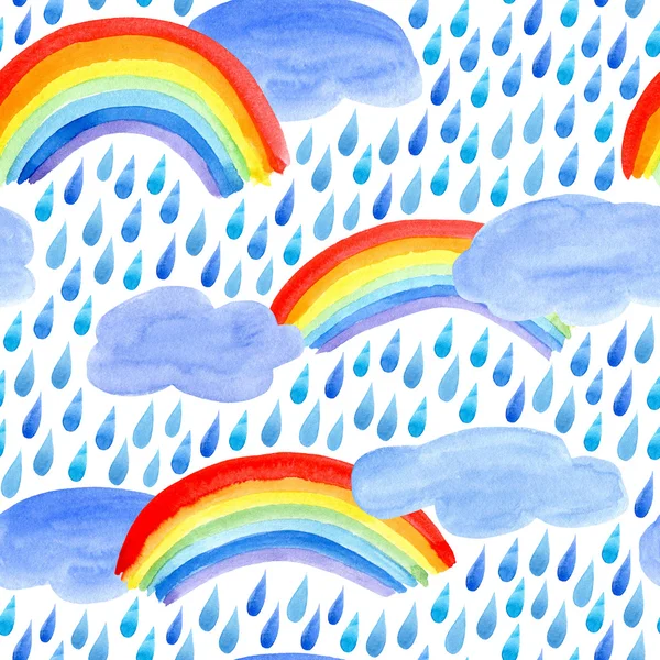 Nahtloses Muster mit Regentropfen, Wolken und Regenbogen. — Stockfoto