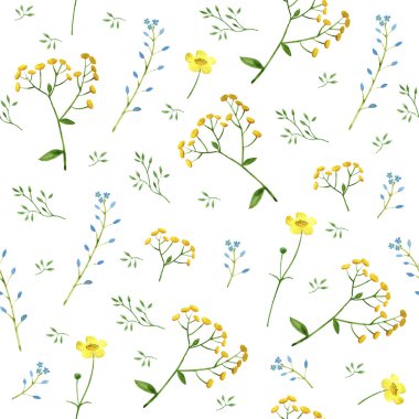 Unut-me-değil, tansy ve buttercup çiçek ile Çiçek dikişsiz desen.