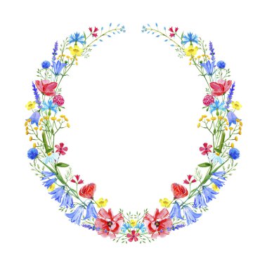 Wreath with bluebell,herbs,lavender,poppy,tansy,clover floral.