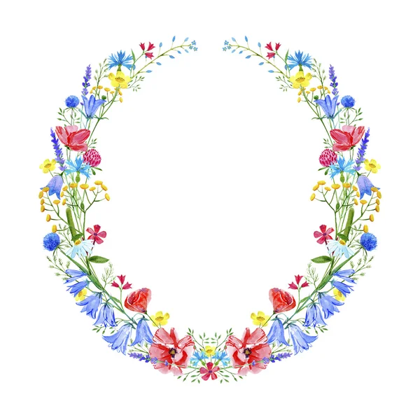 Wreath with bluebell,herbs,lavender,poppy,tansy,clover floral. — Stock Fotó