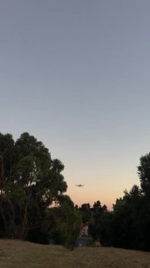 Bir yolcu uçağının iniş yaptığı ve parkın üstünde uçtuğu alçak açılı çekim. Uçak gökyüzüne doğru yaklaşarak güçlü bir ölçek, hareket ve seyahat hissi yaratıyor..