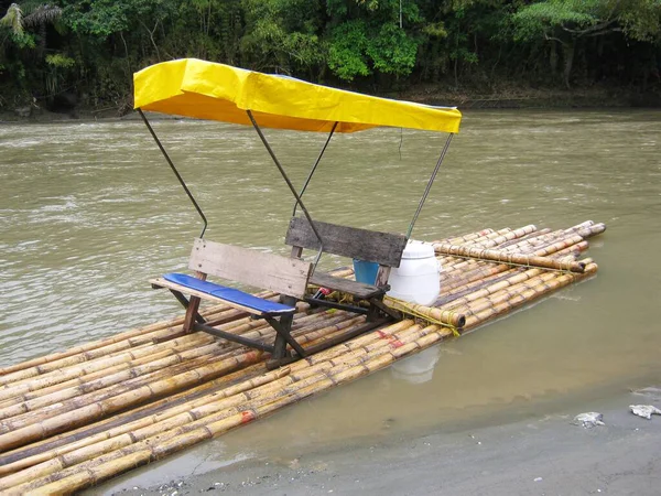 Kolombiya 'nın Quindo kentindeki bir nehirde turist seyrüsefer için bambudan yapılmış bir sal.