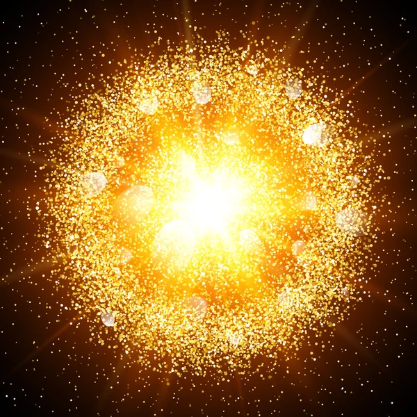 Explosión de oro abstracta con elementos brillantes de oro. Explosión de estrella brillante. Polvo efecto de luz de fuegos artificiales. Chispas salpican fondo en polvo. Ilustración vectorial . — Vector de stock