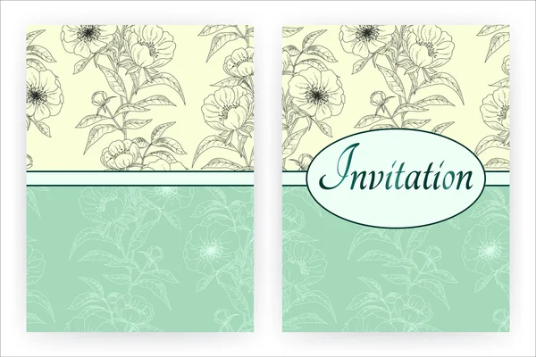 Pioenrozen sjabloon voor flyer, banner, brochure, uitnodiging, plakkaat, poster. Florale achtergrond met pioenrozen. Vintage wenskaart met bloeiende bloemen. Vectorillustratie. — Stockvector