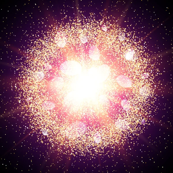 Explosão abstrata com elementos brilhantes dourados. Uma rajada de estrelas brilhantes. Fogo de artifício efeito de luz poeira com brilho violeta. Sparkles respingo fundo em pó. Ilustração vetorial . —  Vetores de Stock