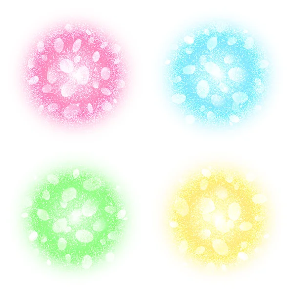 Abstrakta runda pulver moln set med dammpartiklar isolerad på vit bakgrund. Färgglada cirklar med glöd och bokeh effekt. Element för Holi, carnival banners design. Vektorillustration. — Stock vektor