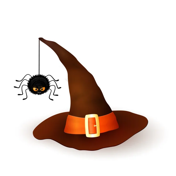 Kreskówka Halloween 3d kapelusz czarownicy z wiszące włochaty pająk czarny na białym na białym tle. Brązowa Czapka z pomarańczowej wstążki i klamra. Ilustracja wektorowa. — Wektor stockowy