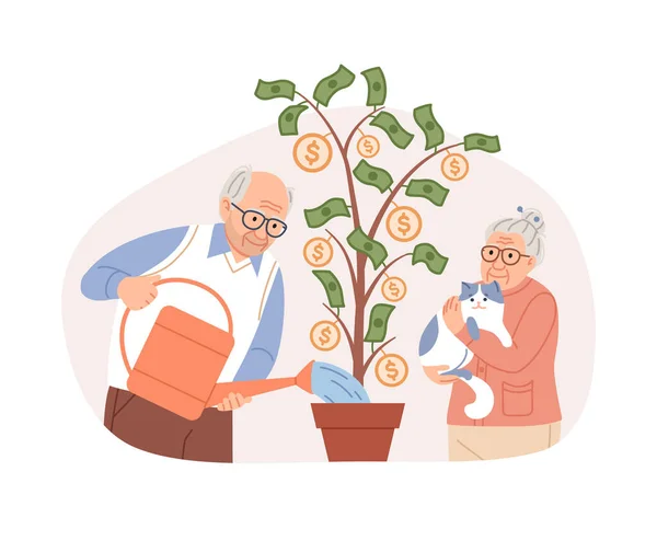 Couple âgé arrosage pot arbre d'argent, pièces, dollars. Concept de régime d'épargne-retraite. Personnes âgées planification de la retraite. Heureux retraités avec chat. personnages aînés illustration vectorielle de dessin animé. — Image vectorielle