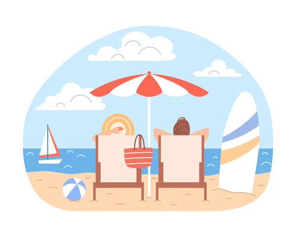 Пара загорающих мужчин, женщина с пляжным зонтиком, шезлонги отдыхают в голубом океане. Летние каникулы. Концепция сезонного морского отдыха Мультфильм Векторная иллюстрация — стоковый вектор