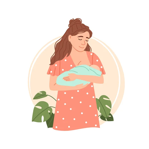 Young woman breastfeeding her newborn baby. Isolated flat mom holding and nursing her child in hands. Lactation concept. Breast feeding week, baby care. Infant drinks milk from mothers breast vector. — Stock Vector