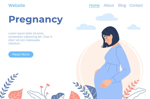 Landing Page zum Thema Schwangerschaft. Flache schwangere Frau trägt Umstandsmode auf weißem floralem Outdoor-Hintergrund. Junge Frau, die ein Baby erwartet, hält schwangeren Bauch. Zeichentrickfilm Mutterschaft Vektor Illustration — Stockvektor