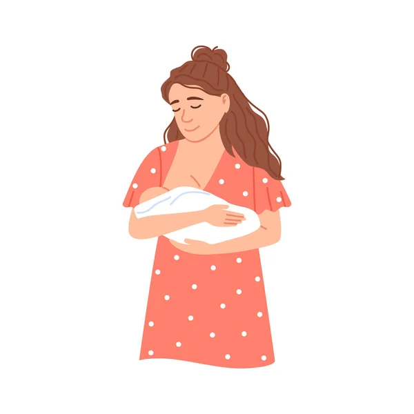 Flache weibliche Figur mit wenig Säugling Baby Bonding isolierten Porträt. Stillende Mutter und schlafendes Neugeborenes Säugling gesunde Ernährung Cartoon Natural Dairy Nährstoff Food Vector Illustration — Stockvektor