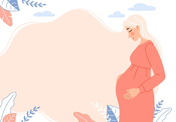 Plana bela mulher grávida em vestido esperando um parto do bebê. Gravidez plana fundo natural. Jovem menina grávida feliz segurando barriga. Banner mãe sorridente Cartoon parentalidade vetor ilustração — Vetor de Stock