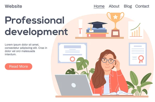 Conceito de desenvolvimento profissional. A mulher bem sucedida sorridente chata com computador portátil no contexto de educação de certificados diploma. Retrato de pessoa bonita escritório feminino. Ilustração vetorial de landing page. — Vetor de Stock