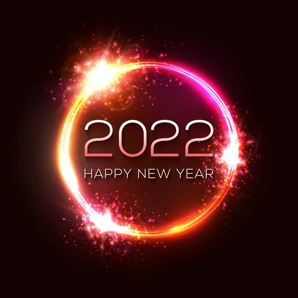 Happy New Year 2022 circle neon sign on dark red celebration background. Holiday greeting card design with glowing text. Dark night club party style. Light tube banner decoration vector illustration. — Stock Vector