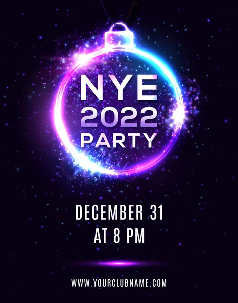 Πρωτοχρονιά 2022 αφίσα κόμμα σε σκούρο μπλε φόντο. NYE όμορφο πανό διακοπών, κρέμονται Χριστούγεννα μπάλα σχήμα ηλεκτρικό πλαίσιο κύκλο. Disco night flyer πρόσκληση σχεδιασμό πρότυπο διανυσματική απεικόνιση. — Διανυσματικό Αρχείο