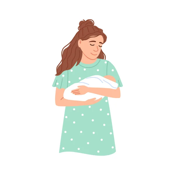 Joven mujer caucásica sosteniendo a su bebé recién nacido durmiendo con manta. Piso hermoso retrato madre aislado sobre fondo blanco. Color concepto de cuidado de niños. Ilustración vector maternidad. — Vector de stock