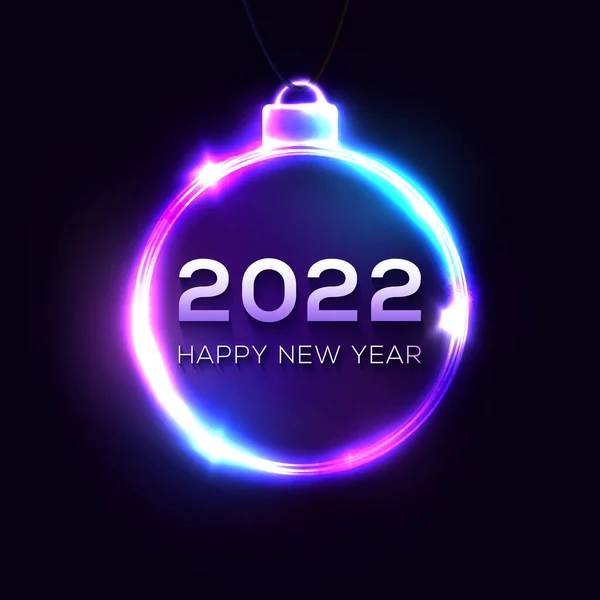 Boldog új évet 2022 neon fény jel sötétkék háttér. Karácsonyi dekoráció ragyogó keret ragyogó ünneplő szöveg. Üdvözlőlap, banner night club design. Fényes vektor illusztráció. — Stock Vector