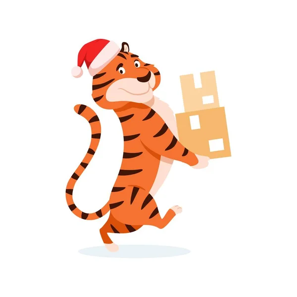 Cartoon smiling tiger in Santa hat delivers parcel boxes isolated on white background. Cute walking wildcat. Chinese symbol of New Year 2022. Holiday striped character with package vector illustration — Stock Vector