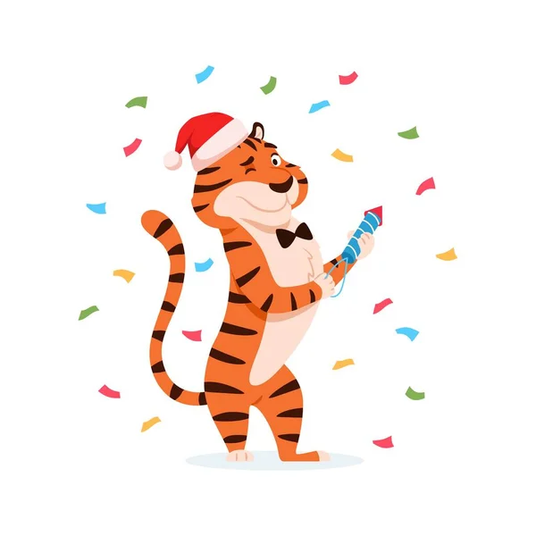Happy Cute Tiger Santa Hat Firework Cracker Color Confetti Isolated — Stock Vector