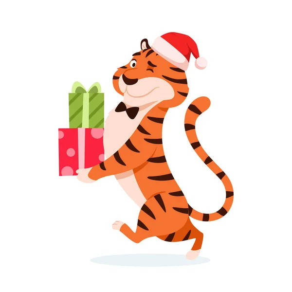Cute Cartoon Tiger Santa Hat Christmas Presents Isolated White Background — Stock Vector