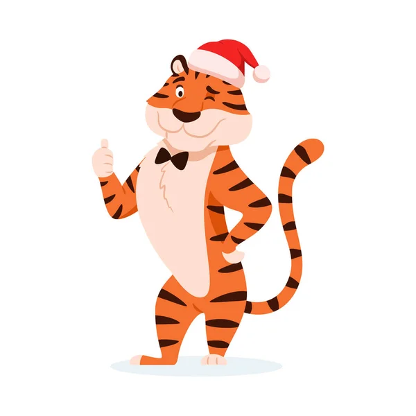 Carino Cartone Animato Tigre Cappello Babbo Natale Con Gesto Mano — Vettoriale Stock