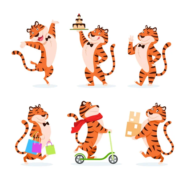 Tigres Bande Dessinée Ensemble Personnages Vacances Pour Nouvel Adorable Symbole — Image vectorielle