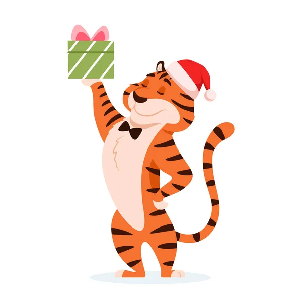 Mignon Tigre Bande Dessinée Dans Chapeau Père Noël Avec Cadeau Illustrations De Stock Libres De Droits