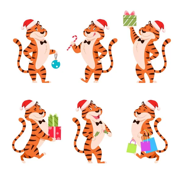 Tigres Dibujos Animados Conjunto Sombrero Santa Personajes Pie Vacaciones Para Gráficos Vectoriales