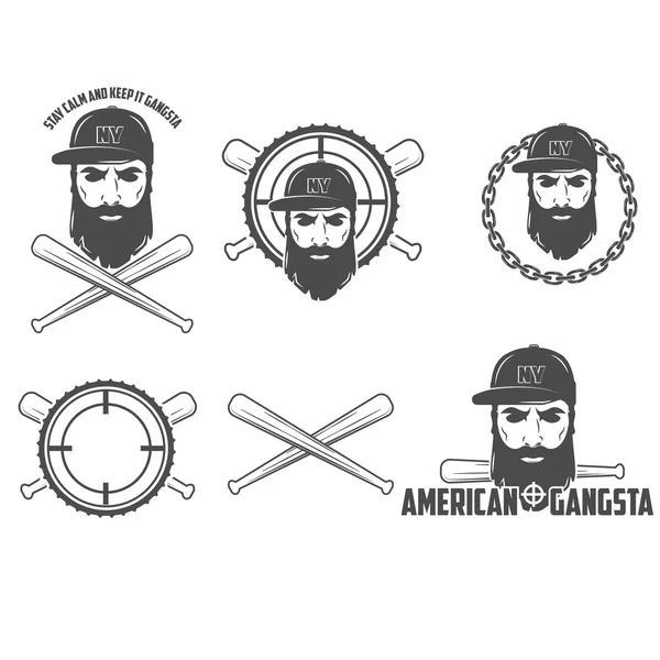 Conjunto de emblema de vector gangsta americano — Vector de stock