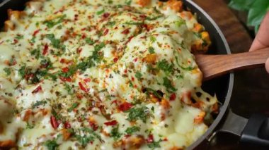 Fırında fırında tavuk, üzerine erimiş altın peynir. Restoran usulü sunumda sıcak servis ediliyor. Yemek pazarlama, yemek menüleri, ev yemeği görselleri ve fırında pişirilmiş kümes hayvanlarını ön plana çıkaran ticari stok görüntüleri için mükemmel..