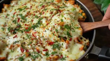 Erimiş peynirle kaplanana kadar pişirilmiş peynirli, bol aromalı peynirli peynirli peynirli peynirli peynirli peynirli peynirli peynir. Yemek menüleri, konforlu yemek promosyonları, aile yemekleri, yemek pişirme videoları ve pişmiş tavuğun yer aldığı ticari stok görüntüleri için ideal..