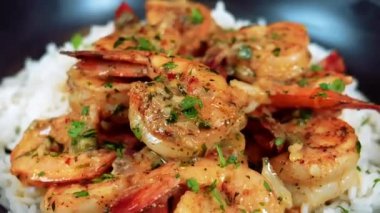 Sarımsaklı tereyağlı karides sulu olana kadar pişirilir ve rahatlatıcı bir deniz ürünleri yemeği olarak pilavla birlikte sıcak servis edilir. Restoran menüleri, ev yapımı yemek görselleri, deniz ürünleri promosyonları ve karides tabakları gösteren ticari stok görüntüleri için ideal..