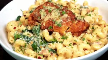 İtalyan usulü sıcak servis edilen yumuşak tavuk ve sarımsak soslu kremalı tavuk makarnası. Makarna menüleri, konforlu yemek görselleri, restoran promosyonları ve kremalı makarna yemeklerini ön plana çıkaran ticari stok görüntüleri için ideal..