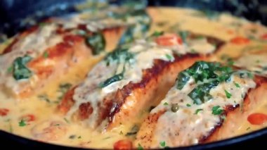 Yumuşak somon ve zengin sosla hazırlanmış kremalı somon balığı makarnası. Rahatlatıcı bir deniz ürünleri makarnası gibi sıcak servis ediliyor. Restoran menüleri ve yemek stoku görüntüleri için ideal..