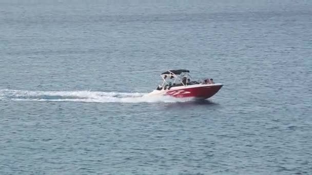 Bateau à moteur tirant une femme au ski nautique — Video