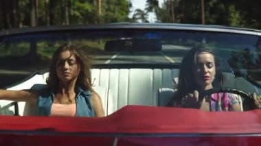 Kırmızı arabadaki iki mutlu arkadaş