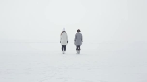Две женщины на снежном поле — стоковое видео