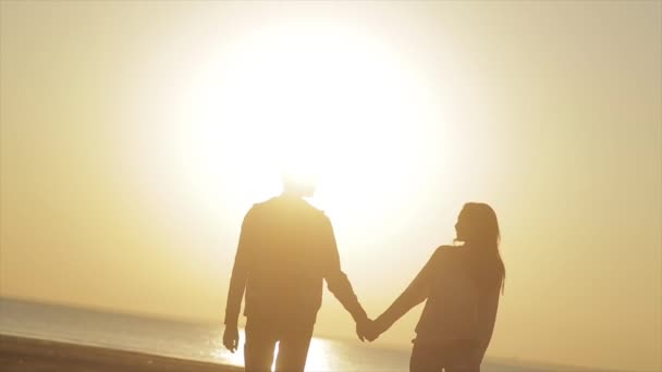 Silhouet van jonge paar op het strand — Stockvideo