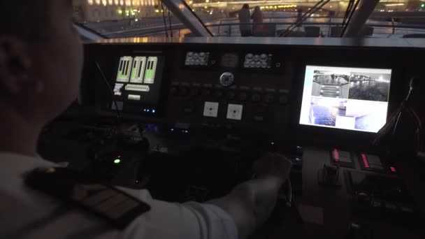 Silhouette Of Captain Steering Boat — Stock Video