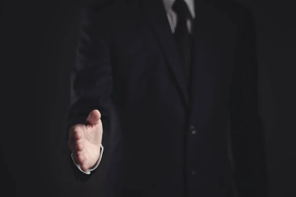 Close Shot Businessman Black Suit Open Hand Ready Deal Shaking — Stock Photo, Image