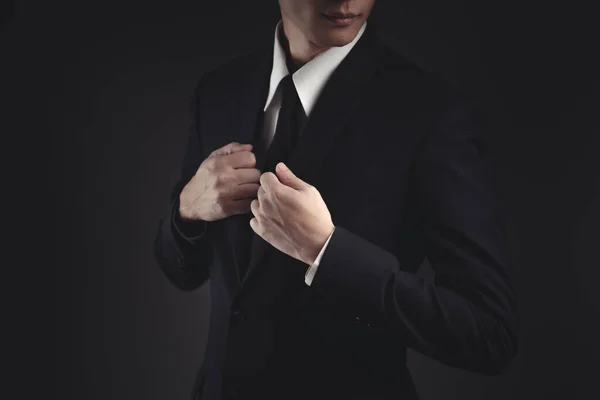 Close Shot Businessman Black Suit Elegant Handsome Black Background — Stock Photo, Image