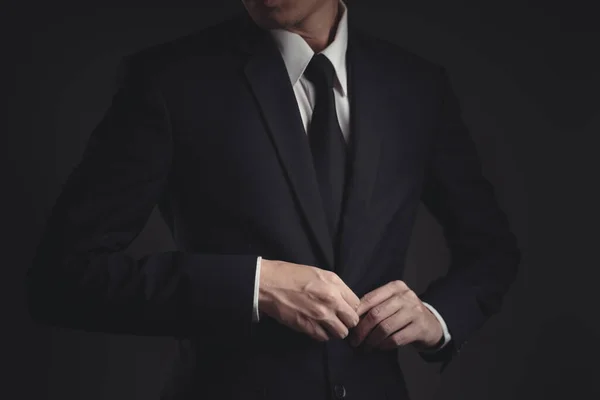 Close Shot Businessman Black Suit Elegant Handsome Black Background — Stock Photo, Image