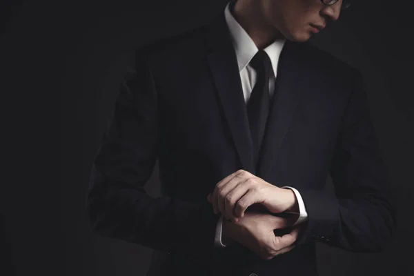 Close Shot Businessman Black Suit Elegant Handsome Black Background — Stock Photo, Image